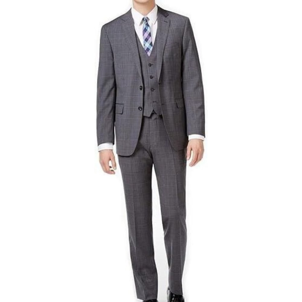 Calvin Klein Gray Plaid Windowpane Two Button Formal 3 Piece Suit 40R NWT $695